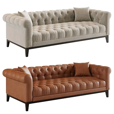 Light Gray Fabric And Brown Leather Multi Seater Sofa With Tufted Design And Pillows 3d model