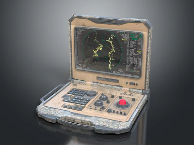 Rugged Portable Laptop With Map Display Screen And Red Control Panel Buttons 3d model