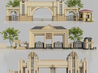 Grand Classical Entrance Gate With Stone Arch Columns And Ornamental Trees 3d model