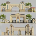 Grand Classical Entrance Gate With Stone Arch Columns And Ornamental Trees