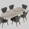 Modern Dining Table Set With Oval Marble Top And Six Grey Comfortable Chairs 3d model