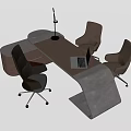 Modern Office Desk Workspace Design With Curved Surface Laptop Microphone And Comfortable Chairs