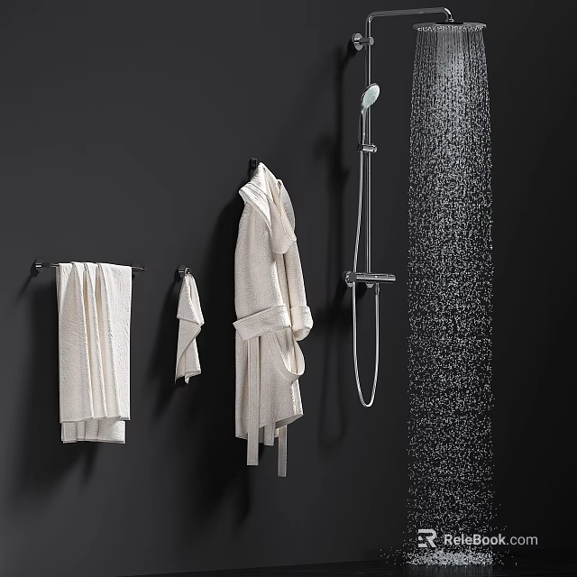 Bathroom Accessories on Black Wall White Towels Small Towel Bathrobe Shower Head Column Water Droplets 3d model 