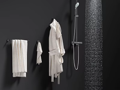 Bathroom Accessories on Black Wall White Towels Small Towel Bathrobe Shower Head Column Water Droplets 3d model