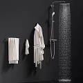 Bathroom Accessories on Black Wall White Towels Small Towel Bathrobe Shower Head Column Water Droplets