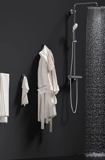 Bathroom Accessories on Black Wall White Towels Small Towel Bathrobe Shower Head Column Water Droplets 3d model