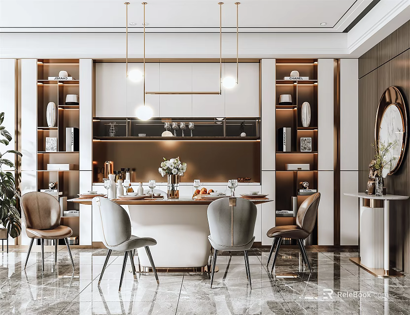 Elegant Modern Dining Room Interior With Round Dining Table And Comfortable Chairs And Pendant Lights 3d model