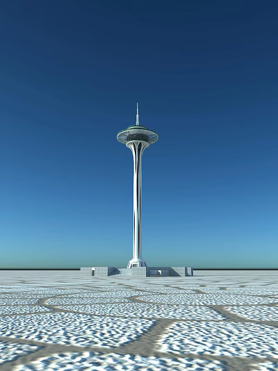 Modern Sleek Tower With Circular Observation Deck And Base Platform Against Clear Blue Sky 3d model
