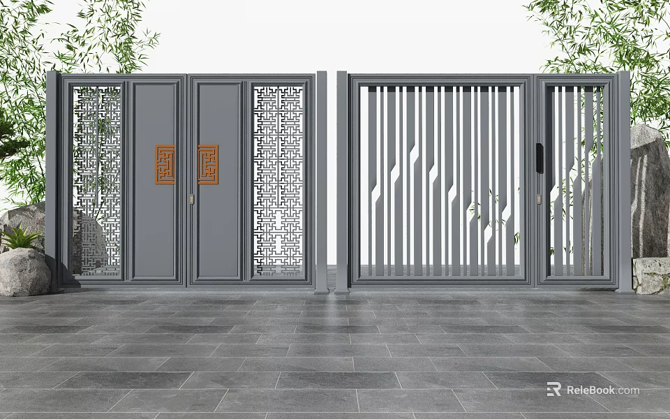 Gray Chinese Style Entrance Gate Design With Carved Panels Lattice Screens And Green Plants 3d model 