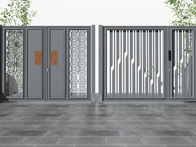 Gray Chinese Style Entrance Gate Design With Carved Panels Lattice Screens And Green Plants 3d model