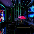 Stylish KTV Interior Featuring Large Screens Neon Lights Black Sofas And Geometric Lines 3d model