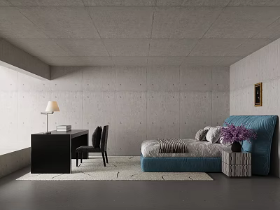 Stylish Blue Upholstered Double Bed In Minimalist Raw Concrete Bedroom With Practical Work Desk 3d model