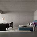 Stylish Blue Upholstered Double Bed In Minimalist Raw Concrete Bedroom With Practical Work Desk