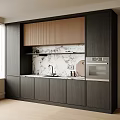 Modern Sideboard With Dark Wood Cabinets Light Brown Doors Marble Countertop And Built In Oven