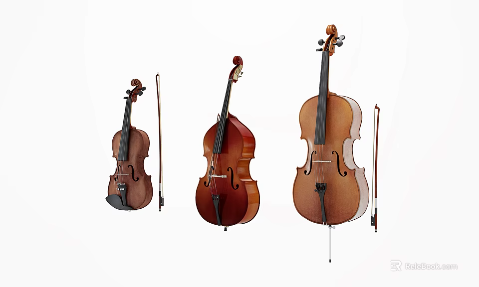 High Quality String Instruments Violin Cello Double Bass with Bows for Music Enthusiasts 3d model 