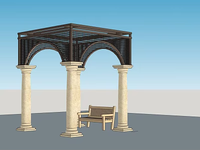 Outdoor Pergola With Arched Wooden Frame And Stone Columns Featuring Wooden Bench 3d model
