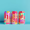 Colorful Canned Drinks with Chinese Characters and Vibrant Patterns on Blue Background