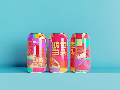 Colorful Canned Drinks with Chinese Characters and Vibrant Patterns on Blue Background 3d model