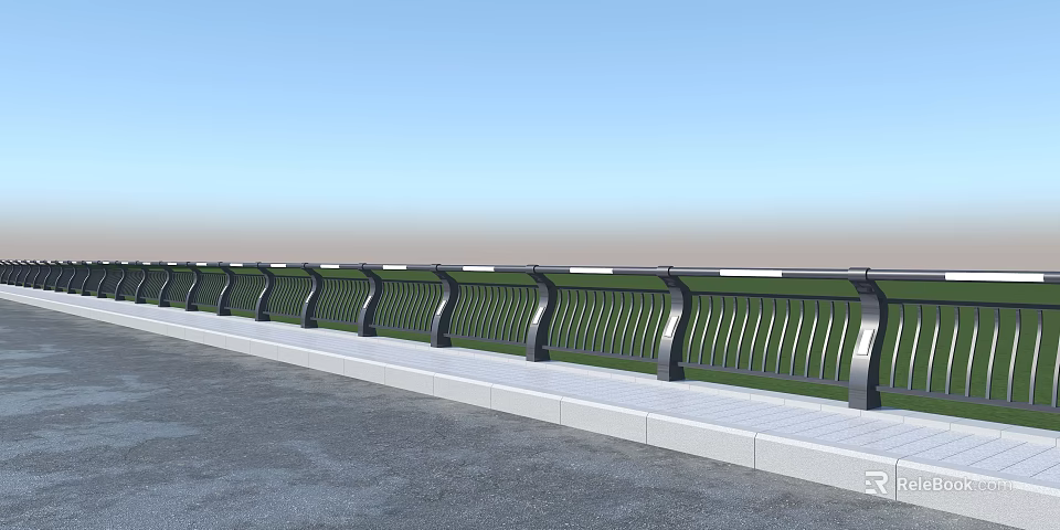 Metal Roadside Railing Design Along Paved Road With Green Grass And Blue Sky 3d model 