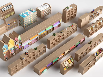Creative Wooden Bookcases With Various Designs Colorful Shelves And Decorative Items 3d model