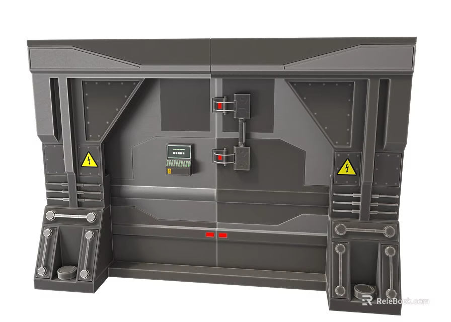 Industrial Mechanical Control Panel Featuring Gray Metal Structure Warning Signs And Digital 3d model