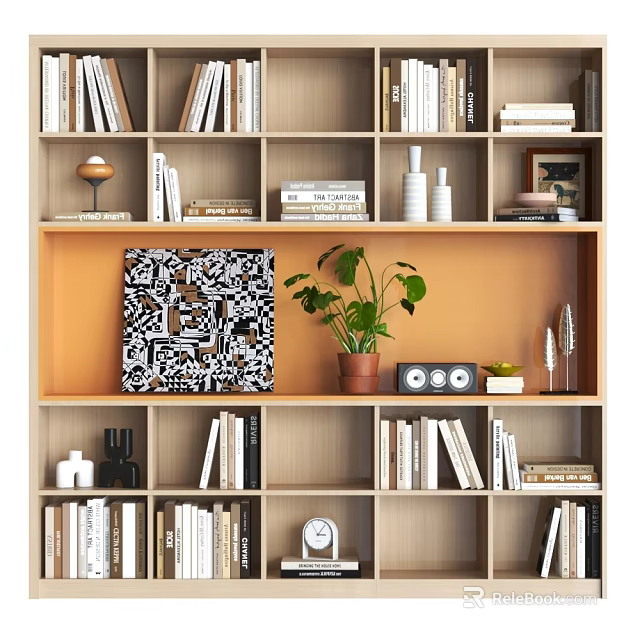 Modern Wooden Bookcase With Open Shelves Books Potted Plant And Decorative Items 3d model 