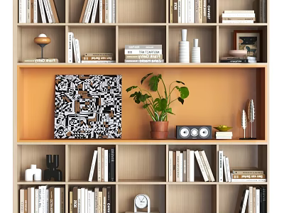Modern Wooden Bookcase With Open Shelves Books Potted Plant And Decorative Items 3d model
