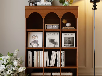 Wooden Display Shelf With Books Decorative Frames And Green Plants At Home 3d model