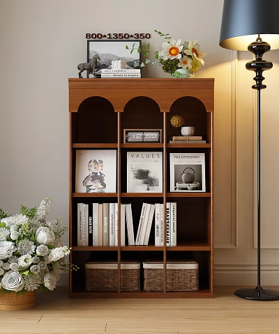 Wooden Display Shelf With Books Decorative Frames And Green Plants At Home 3d model