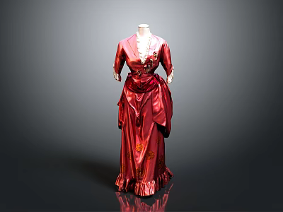 Elegant Red Satin Dress With V Neck Waist Design Pleated Skirt And Decorative Details 3d model