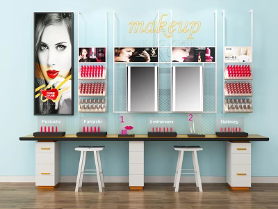 Makeup Display Shelves with Cosmetics Lipsticks Mirrors and Storage Cabinets 3d model