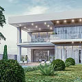 Modern Detached Villa Exterior With Swimming Pool Loungers Greenery Large Windows And Two Story Design