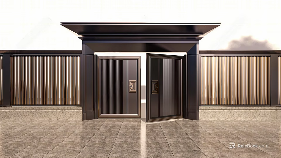 Modern Entrance Gate With Black Metal Frame Double Door Design And Decorative Panels 3d model 