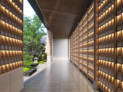 Tranquil Garden Landscape Pathway Featuring Wooden Lattice Walls Warm Lighting Stone Flooring And Stone Lantern 3d model
