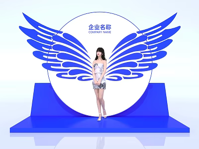 Blue Wings Round Logo Company Name Woman Standing On Blue Platform Photo Check In Spot 3d model