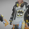 Man With White Hair In Black Jacket White T-Shirt With BADTZ-MARU Cartoon Graphic Holding Weapon