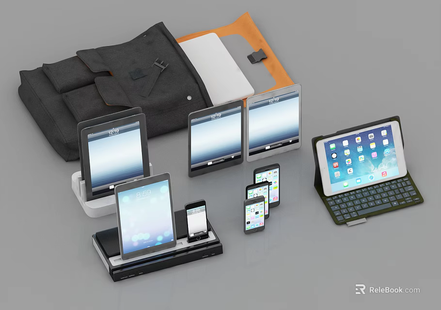 Tablet Computers Display With Multiple Screens Smartphones And Backpack Accessories 3d model