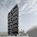 Modern High Rise Building With Layered Glass Facade And Green Surrounding Landscape