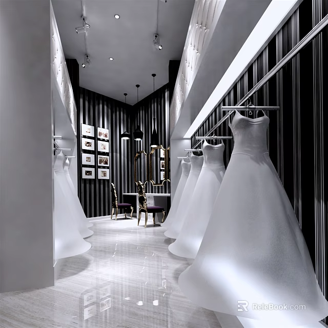 Elegant Bridal Shop Interior With Hanging White Wedding Dresses Framed Pictures Chandeliers And Chair 3d model 