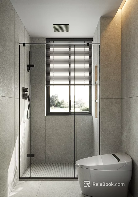 Modern Minimalist Bathroom With Shower Tiled Walls And Window Blinds 3d model 