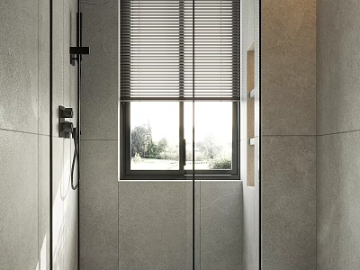 Modern Minimalist Bathroom With Shower Tiled Walls And Window Blinds 3d model