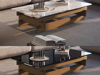 Marble and Black Glass Coffee Table with Wooden Frame and Books Glasses in Living Room 3d model