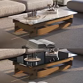 Marble and Black Glass Coffee Table with Wooden Frame and Books Glasses in Living Room