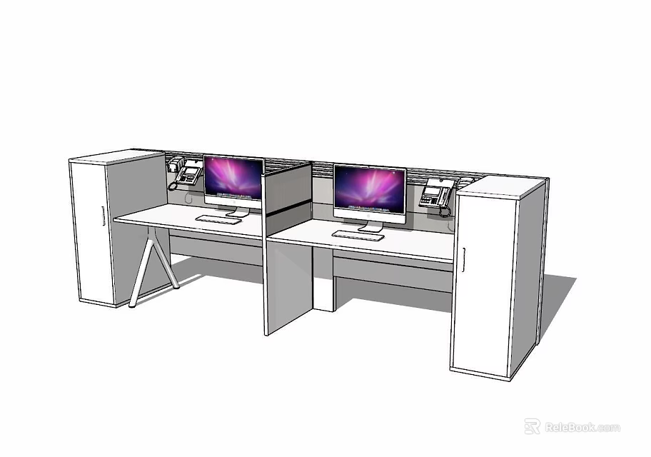 Modern Office Desk Workstation With Two Computer Monitors And Dividers 3d model