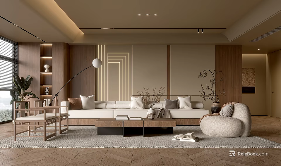 Modern Living Room Interior With Beige Sofa Wooden Coffee Table Floor Lamp And Herringbone Floor 3d model 