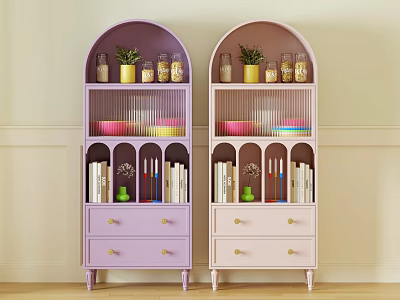 Purple and Pink Bookcases with Multiple Shelves Jars Plants Bowls Books and Gold Handle Drawers 3d model