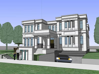 Classic Detached Villa Exterior With Two Story Symmetric Windows Front Porch And Lawn 3d model