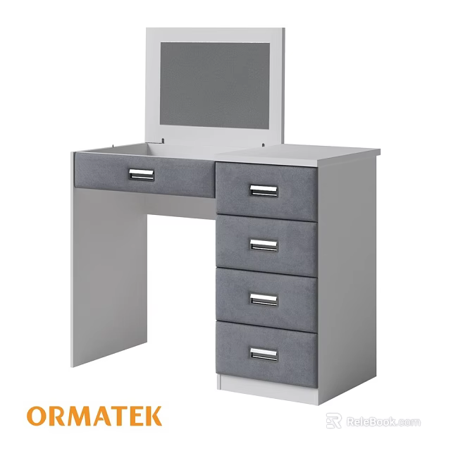 Modern Gray Dressing Table With Mirror And Silver Handle Drawers 3d model 