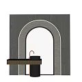 Modern Bathroom Washbasin with Arched LED Lit Mirror Black Countertop and Concrete Wall
