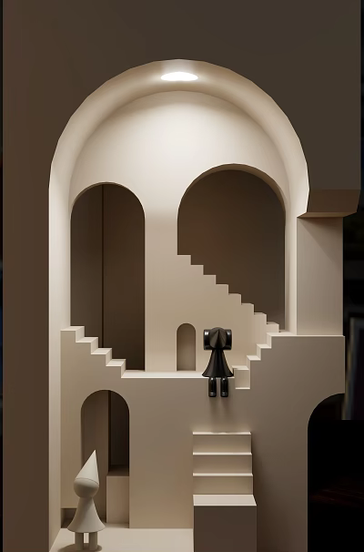 Architectural Components Featuring Arched Structures Staircases And Black Figurine 3d model
